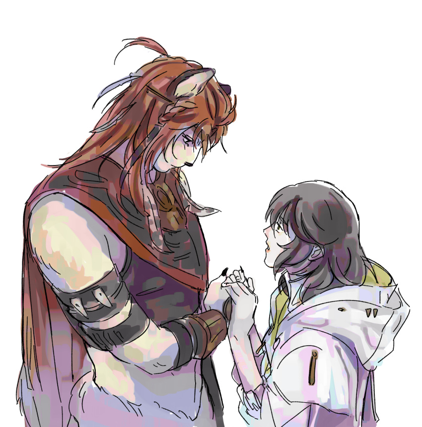 2girls, animal_ears, brown_hair, cape, circlet, esshemasha, eye_contact, feather_hair_ornament