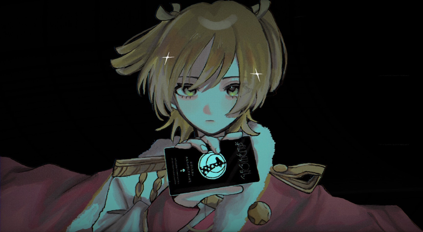 :|, aiguillette, black_background, blonde_hair, cellphone, closed_mouth, commentary_request, daiba_nana