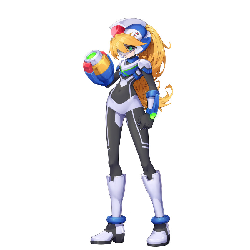 1girl, absurdres, alternate_costume, alternate_eye_color, arm_cannon, armor, armored_boots, assault_visor