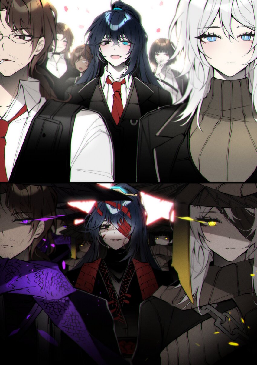 2boys, 4girls, absurdres, black_eyes, blue_eyes, brown_eyes, brown_hair, cherry_oux