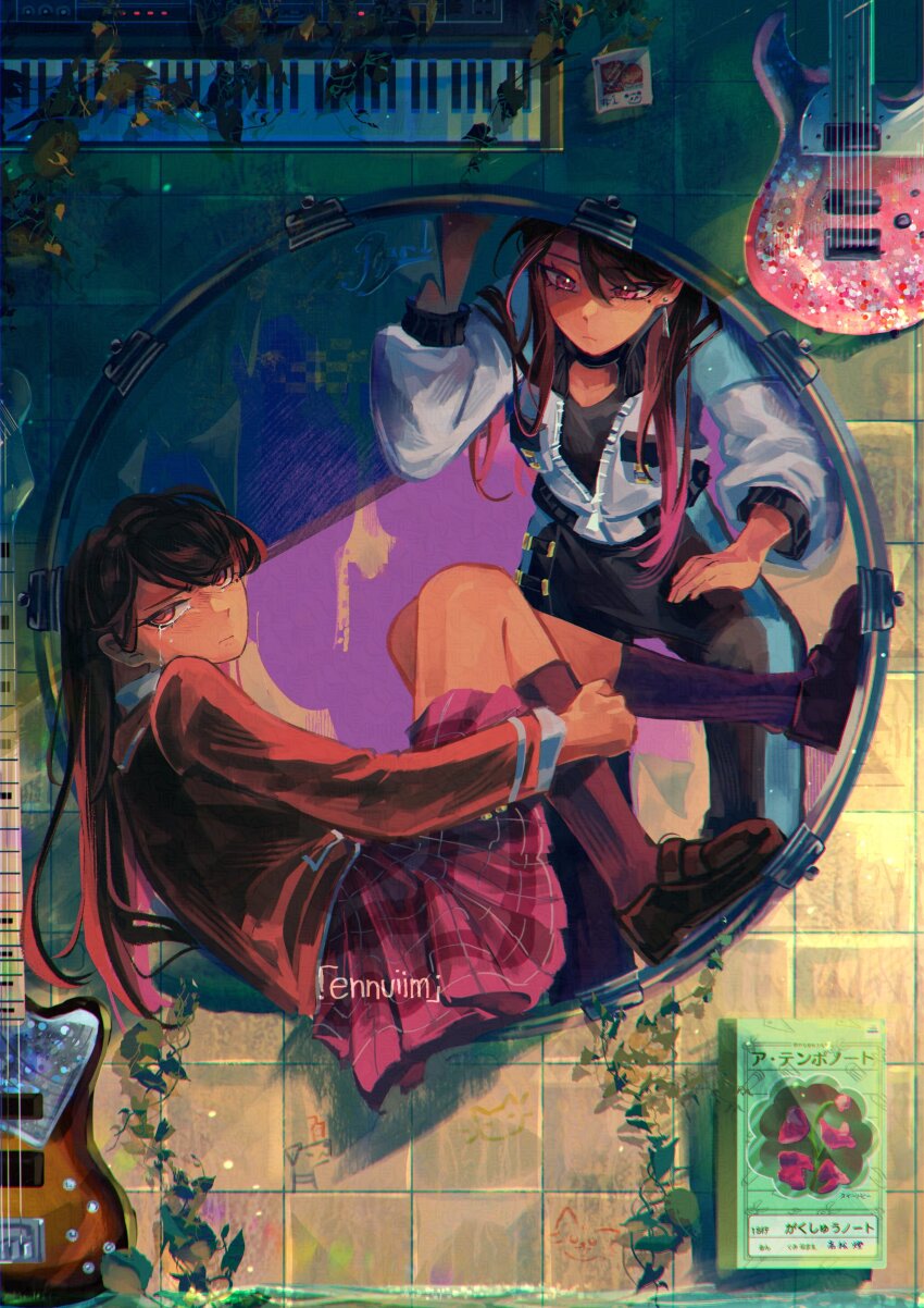 2girls, absurdres, bang_dream!, bang_dream!_it's_mygo!!!!!, bass_guitar, black_hair, black_jacket, black_pants