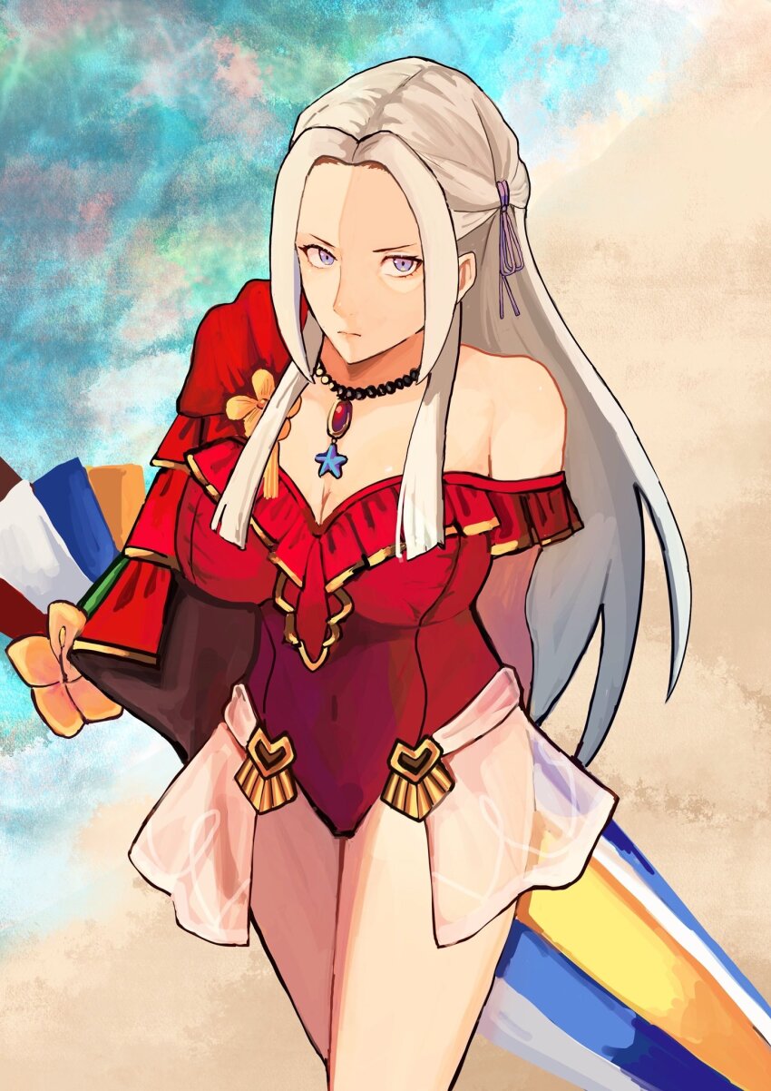 1girl, beach, breasts, casual_one-piece_swimsuit, cleavage, closed_mouth, covered_navel, edelgard_von_hresvelg, edelgard_von_hresvelg_(summer), fire_emblem, fire_emblem:_three_houses, fire_emblem_heroes, frilled_one-piece_swimsuit, frills, from_above, hair_ornament, hair_ribbon, hashtag-only_commentary, highres, holding, holding_umbrella, jewelry, large_breasts, long_hair, looking_at_viewer, looking_up, necklace, nintendo, ocean, official_alternate_costume, one-piece_swimsuit, ponzuponta39, purple_eyes, red_one-piece_swimsuit, ribbon, solo, swimsuit, umbrella, water, white_hair