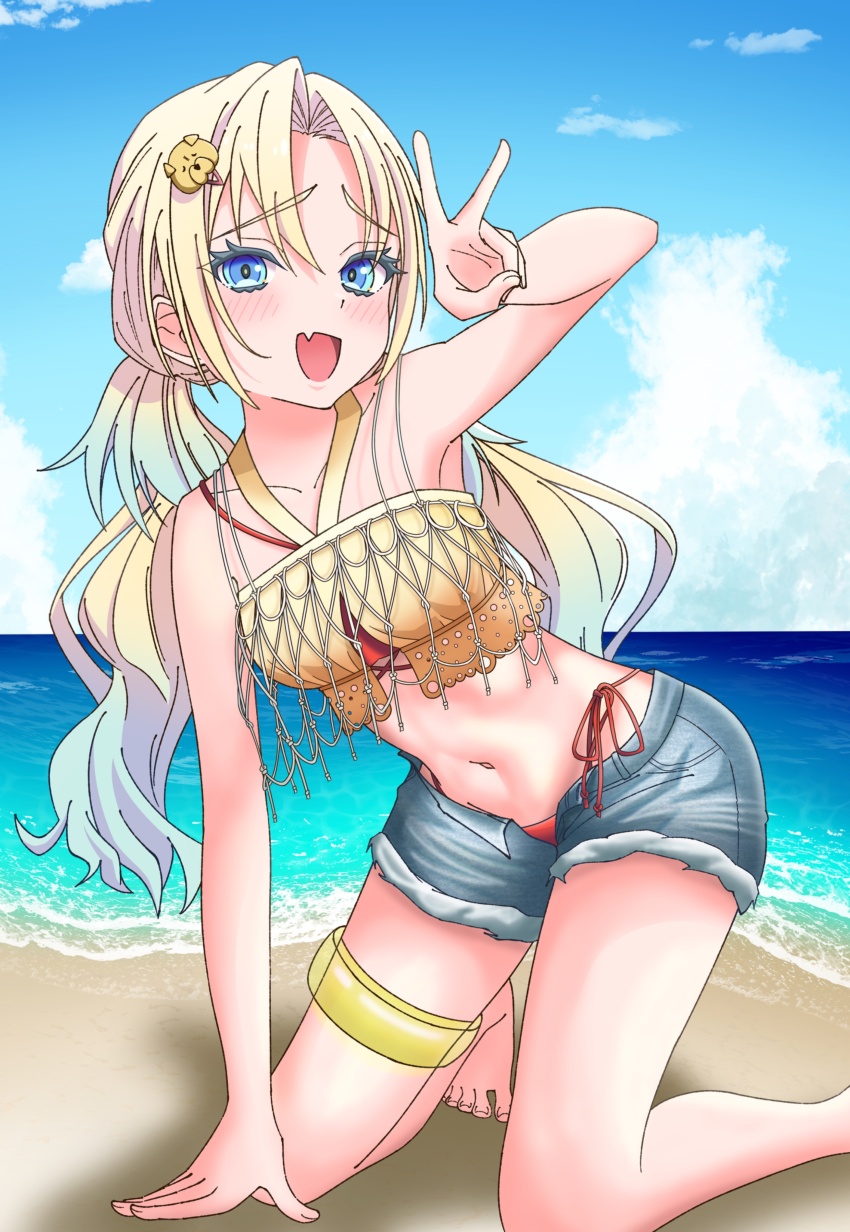 1girl, absurdres, all_fours, bare_shoulders, barefoot, beach, bikini, bikini_bottom_under_shorts