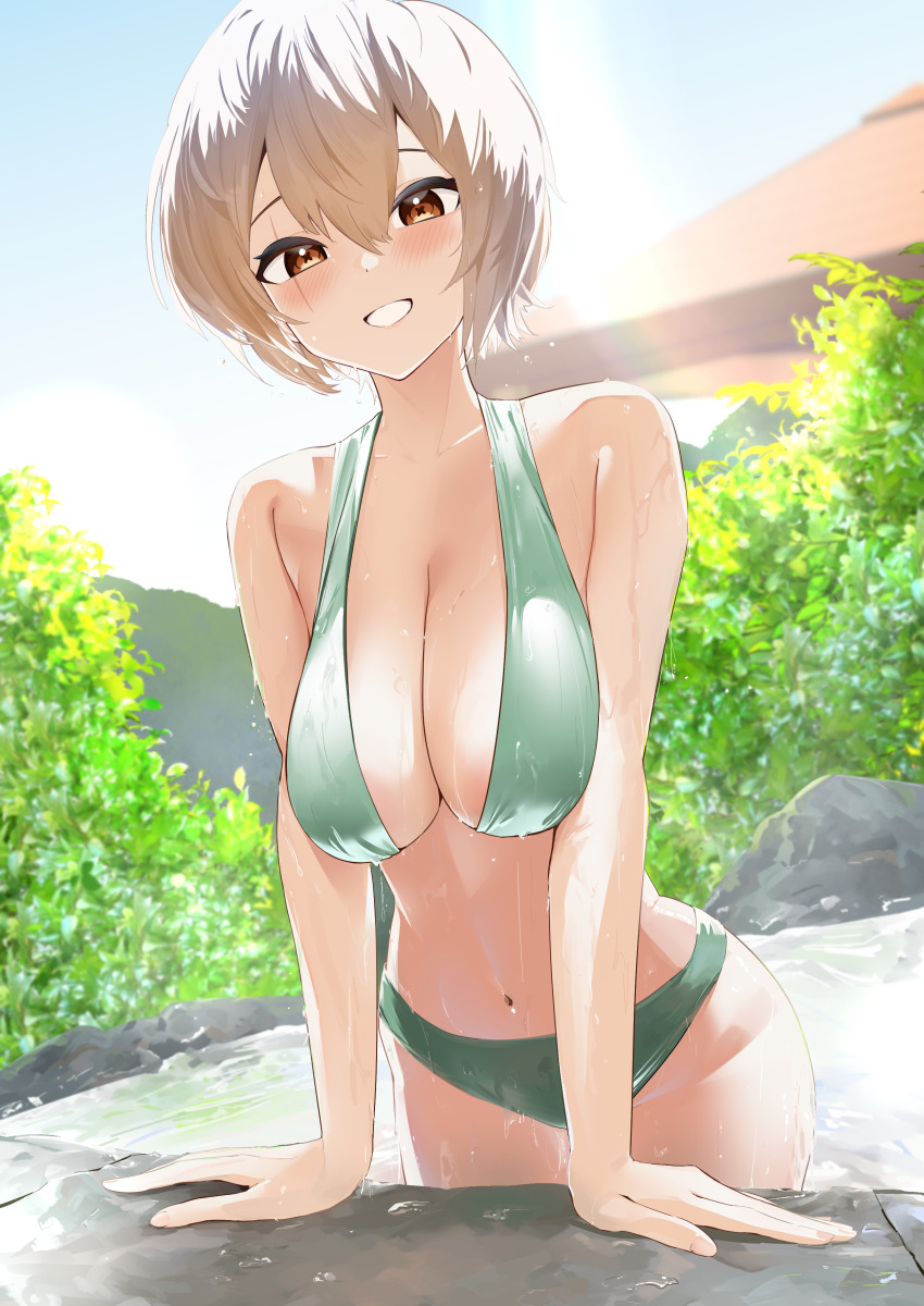 1girl, absurdres, arm_support, bare_arms, bare_shoulders, bikini, blush, breasts