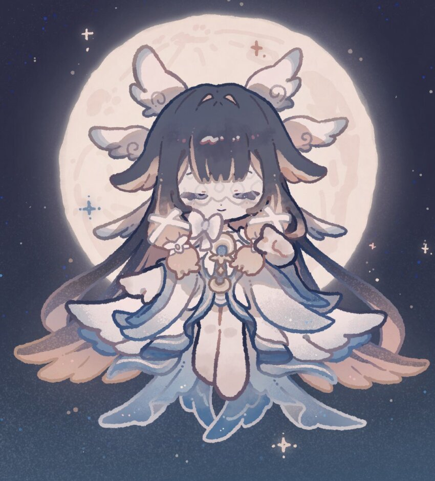 1girl, absurdly_long_hair, angel_wings, black_hair, blunt_bangs, blunt_tresses, blush, chibi