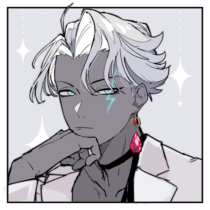 1boy, blue_eyes, border, closed_mouth, commentary_request, curtained_hair, diamond_(shape), earrings