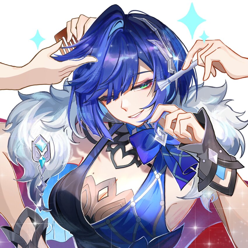 1girl, blue_dress, blue_hair, breasts, cleavage, commentary, dress, feather_boa