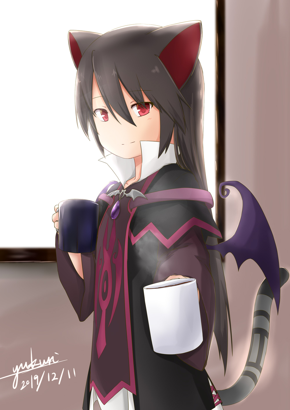 1girl, animal_ears, artist_name, bat_wings, black_capelet, black_hair, black_robe, black_wings
