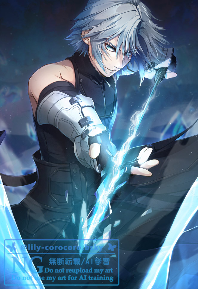 1boy, aqua_eyes, arm_guards, bare_shoulders, black_gloves, black_pants, black_shirt, elbow_gloves, fighting_stance, final_fantasy, final_fantasy_vii, final_fantasy_vii:_ever_crisis, fingerless_gloves, gloves, grey_hair, hair_between_eyes, holding, holding_sword, holding_weapon, lily_corocoro, male_focus, pants, parted_bangs, sephiroth, sephiroth_(aeroglider), sephiroth_(ever_crisis), shirt, short_hair, sleeveless, sleeveless_shirt, slit_pupils, solo, sword, twitter_username, weapon