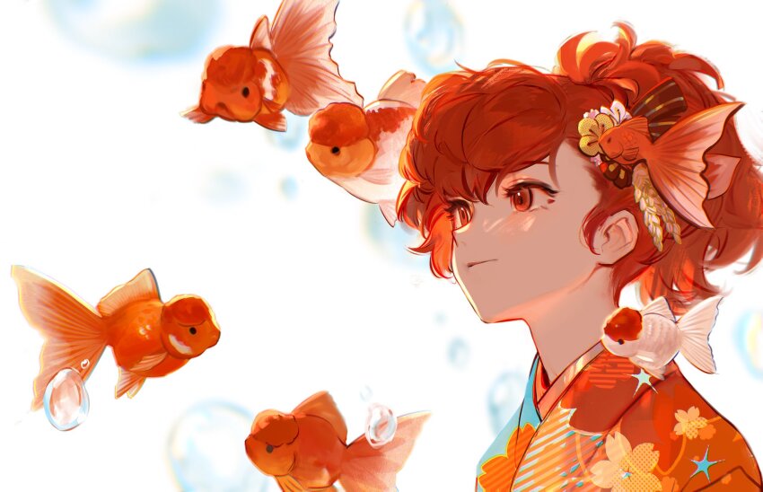 1girl, brown_hair, bubble, closed_mouth, commentary_request, fish, floral_print, floral_print_kimono