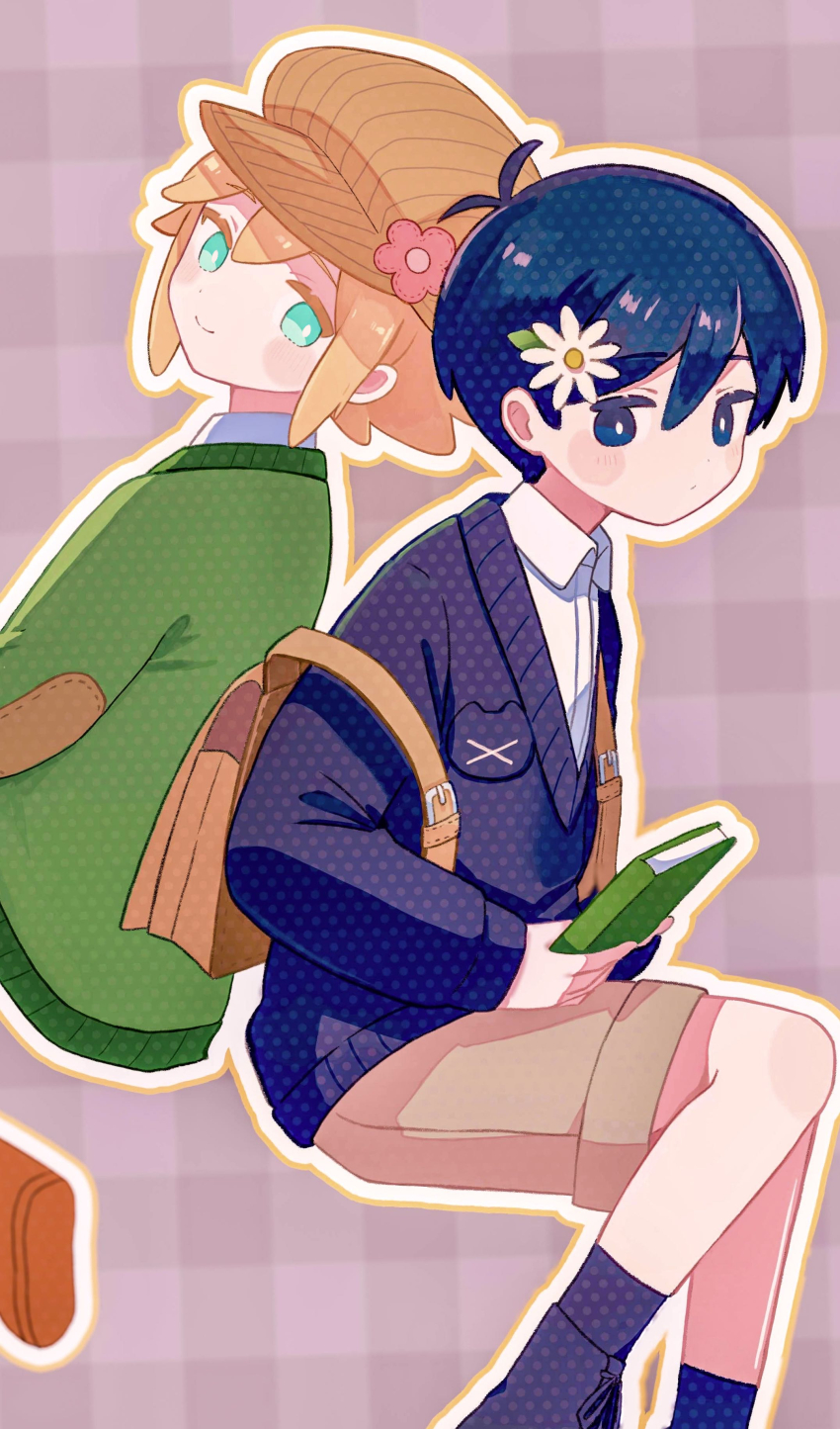 2boys, absurdres, alternate_costume, antenna_hair, backpack, bag, basil_(birthday)_(omori), basil_(faraway)_(omori)