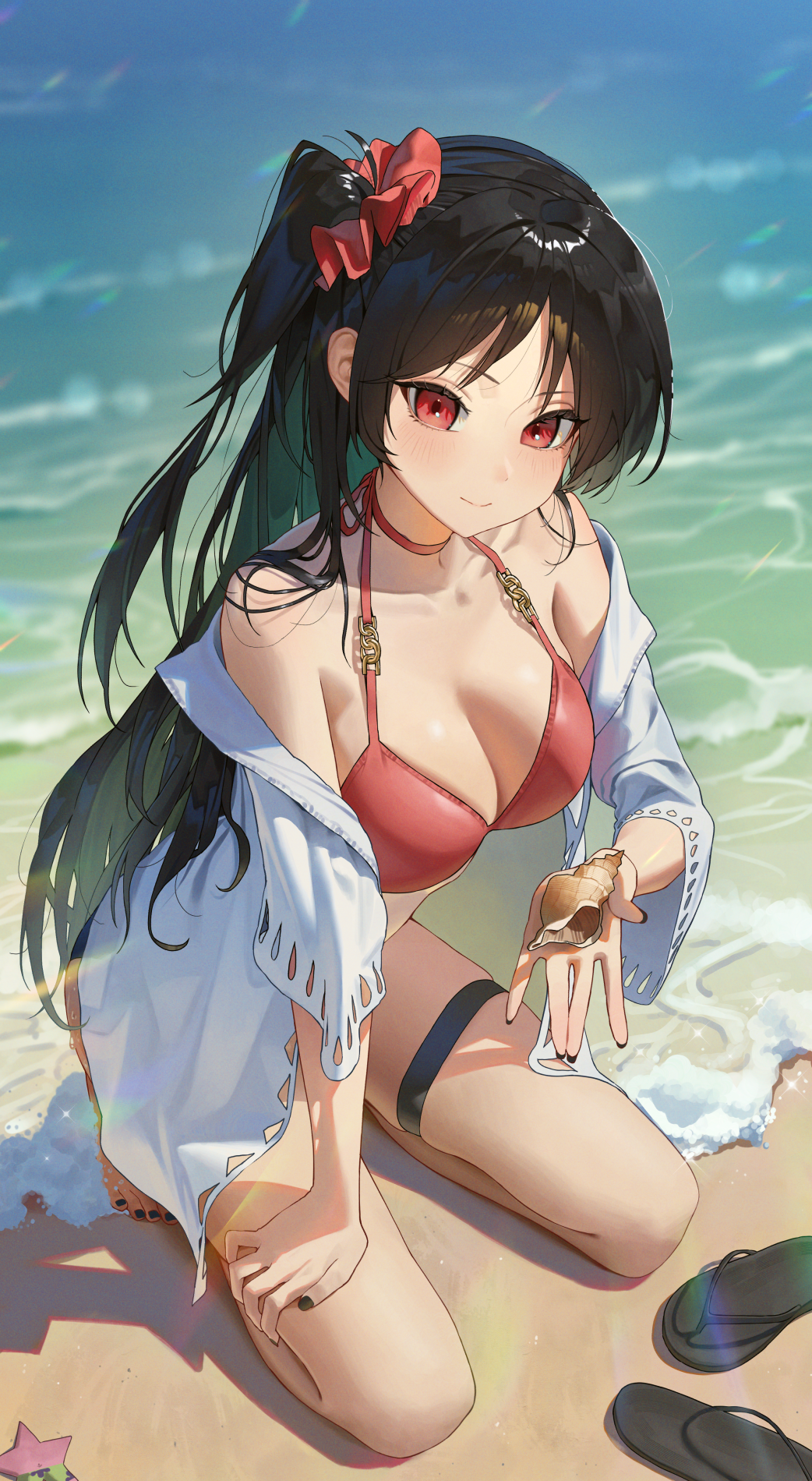 1girl, bare_shoulders, barefoot, beach, bikini, black_hair, black_nails, blush, breasts, choker, cleavage, closed_mouth, collarbone, commentary, day, flip-flops, full_body, hair_ornament, hair_scrunchie, hayahbyeol, highres, holding, holding_seashell, kneeling, large_breasts, long_hair, long_sleeves, looking_at_viewer, nail_polish, off_shoulder, one_side_up, open_clothes, original, outdoors, patrick_star, red_bikini, red_choker, red_eyes, sandals, scrunchie, seashell, shell, smile, solo, spongebob_squarepants_(series), starfish, swimsuit, thigh_strap, toenail_polish, toenails, very_long_hair, water