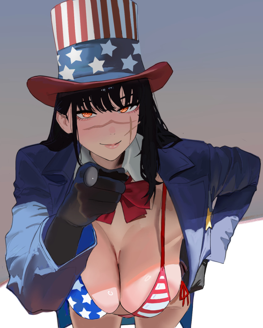 1girl, american_flag, american_flag_bikini, american_flag_print, bikini, black_hair, bow, breasts, chainsaw_man, collar, collarbone, cosplay, female_focus, flag_print, flag_print_bikini, hand_on_own_hip, hanging_breasts, hat, highres, hintobento, jacket, large_breasts, leaning_forward, lips, long_hair, looking_at_viewer, pointing, pointing_at_viewer, print_bikini, red_bow, ringed_eyes, scar, scar_on_face, simple_background, smile, solo, standing, swimsuit, top_hat, uncle_sam, uncle_sam_(cosplay), yellow_eyes, yoru_(chainsaw_man)