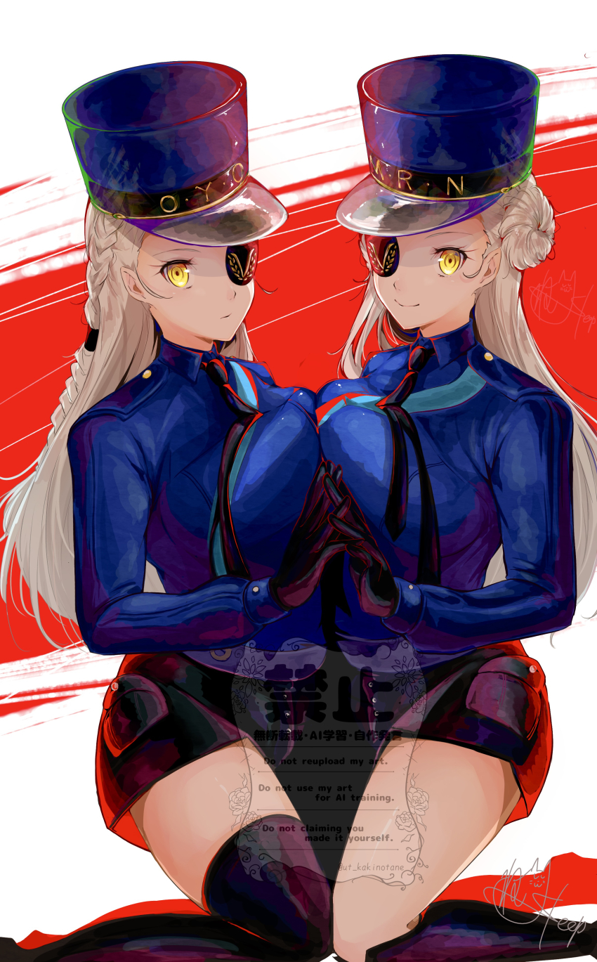 2girls, absurdres, aged_up, black_gloves, black_necktie, black_shorts, blonde_hair, blue_skirt