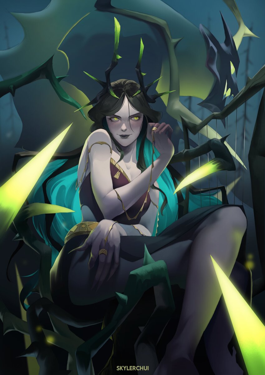 1girl, absurdres, afk_(series), afk_journey, artist_name, bare_shoulders, belt, black_dress, black_hair, blue_hair, breasts, cecia_(afk), closed_mouth, commentary, crossed_legs, dress, english_commentary, gold_belt, gold_trim, green_eyes, hair_ornament, highres, jewelry, long_hair, looking_to_the_side, medium_breasts, monster, mr._carlyle_(afk), multicolored_hair, parted_bangs, ring, sitting, skyler, thorns, two-tone_hair, undead