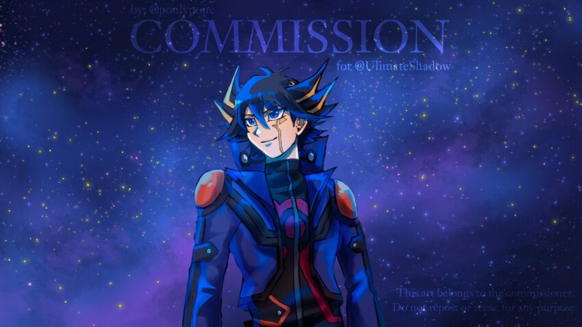 1boy, black_hair, black_shirt, blonde_hair, blue_jacket, commission, cowboy_shot, fudo_yusei, highres, jacket, male_focus, multicolored_hair, night, ponlypone, shirt, solo, spiked_hair, streaked_hair, two-tone_hair, yu-gi-oh!, yu-gi-oh!_5d's