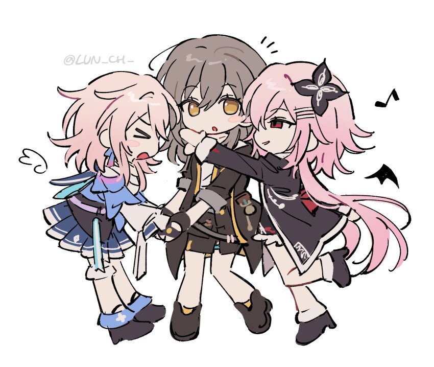 >_<, 3girls, absurdres, angel_and_devil, black_flower, black_gloves, brown_hair, chibi