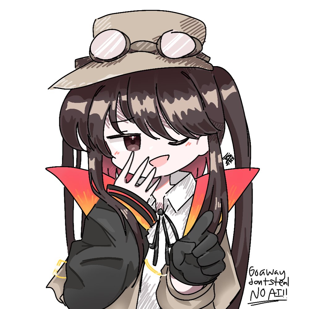 1girl, black_ribbon, black_sleeves, blush, brown_coat, brown_eyes, brown_goggles, brown_hair