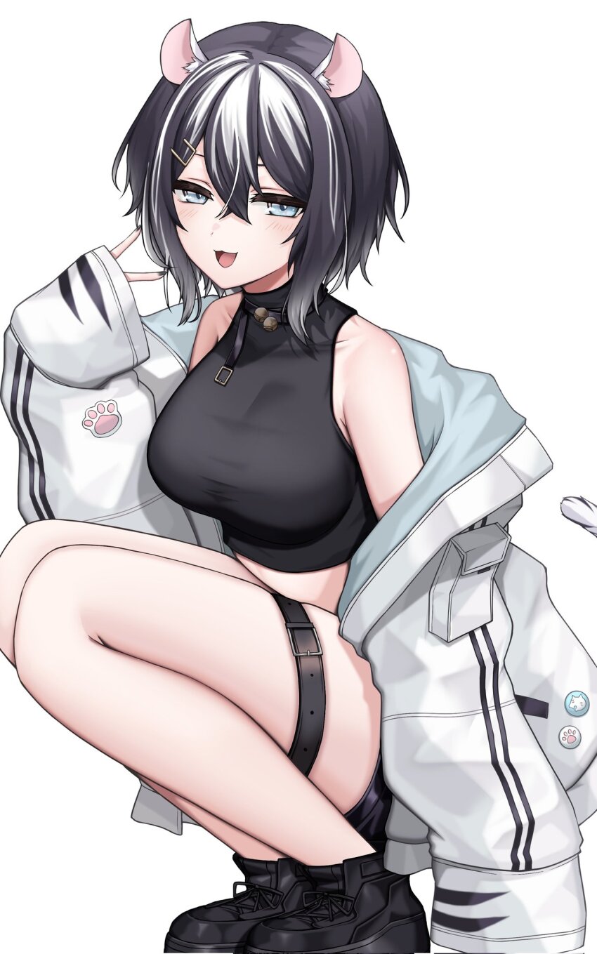 1girl, :d, animal_ear_fluff, animal_ears, bare_shoulders, bell, black_hair, black_shirt