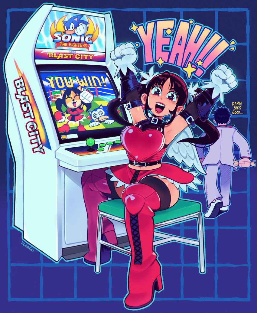 1boy, 1girl, absurdres, after_battle, arcade_cabinet, arms_up, boots, company_connection, defeat, fighting_vipers, grid_background, highres, honey_(fighting_vipers), honey_the_cat, kiryu_kazuma, ryuu_ga_gotoku_(series), sega, sonic_(series), sonic_the_fighters, sonic_the_hedgehog, sonic_the_hedgehog_(classic), speedoru, thigh_boots, twintails, victory_pose