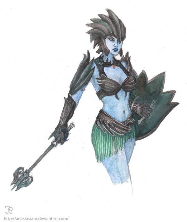 1girl, anastasia-n, armor, black_armor, black_sclera, black_weapon, blue_skin, boobplate, breastplate, clawed_gauntlets, colored_pencil_(medium), colored_sclera, colored_skin, cropped_legs, dark_seducer_(mazken), green_skirt, grey_skin, helmet, holding, holding_mace, holding_shield, holding_weapon, looking_at_viewer, mace, midriff, revealing_clothes, shield, shoulder_armor, skirt, standing, the_elder_scrolls, the_elder_scrolls_iv:_oblivion, thighs, traditional_media, watermark, weapon, white_background