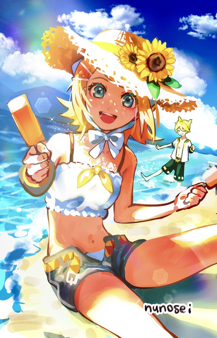 1boy, 1girl, ^_^, adapted_costume, artist_name, bare_arms, bare_shoulders, barefoot