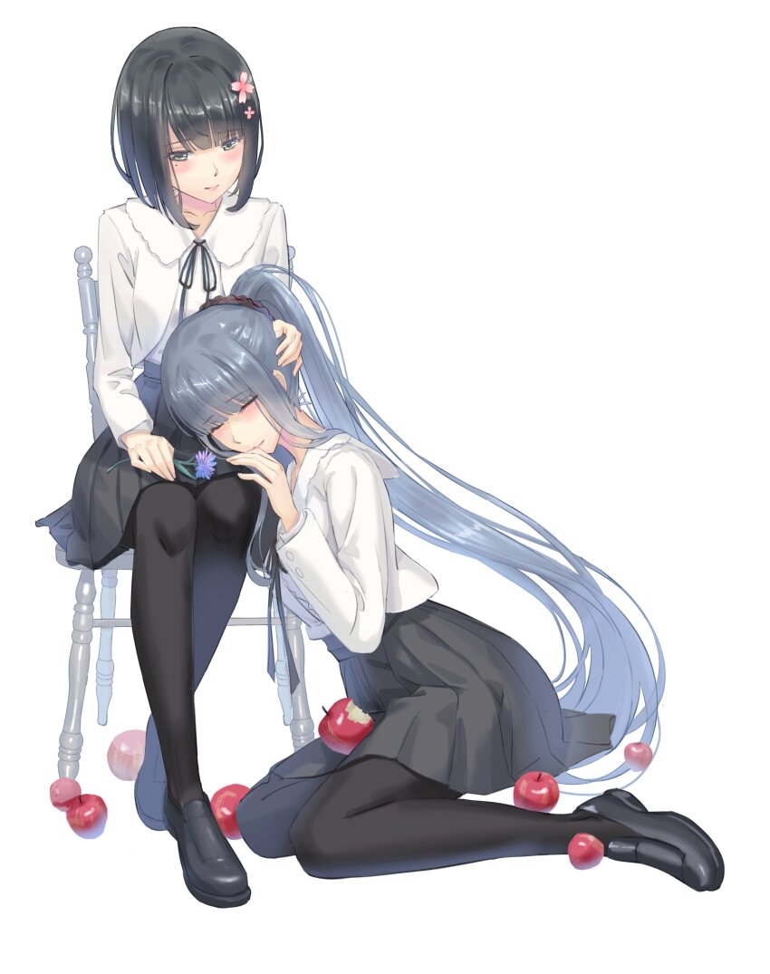 2girls, absurdres, apple, black_pantyhose, black_scrunchie, black_shoes, black_skirt, blush