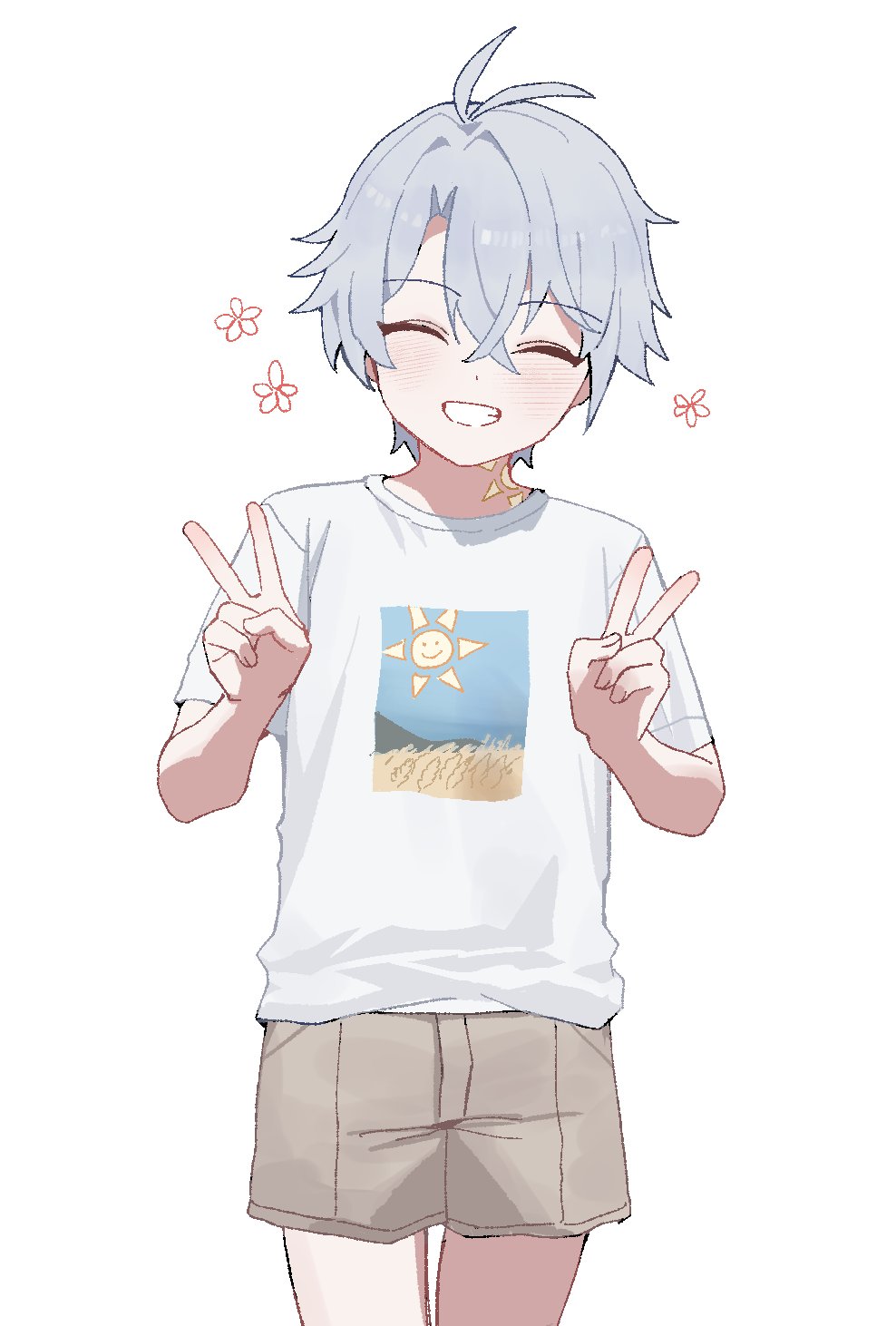 1boy, aged_down, antenna_hair, brown_shorts, child, cowboy_shot, crossed_bangs, double_v