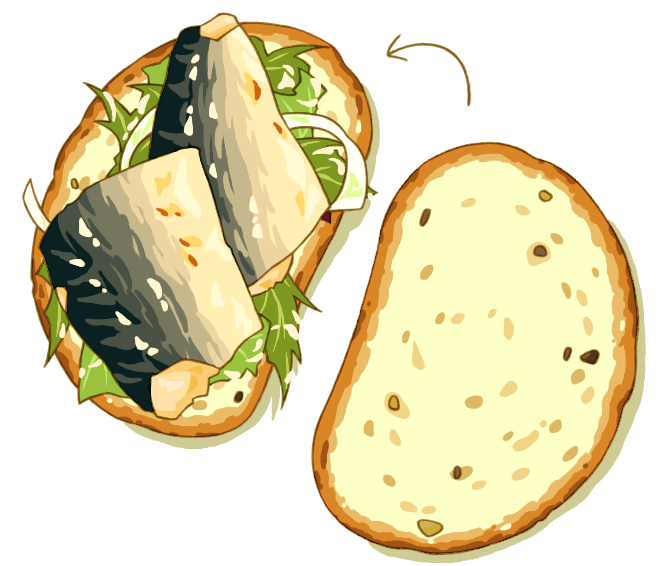 arrow_(symbol), bread, commentary_request, fish_(food), food, food_focus, haboban, no_humans