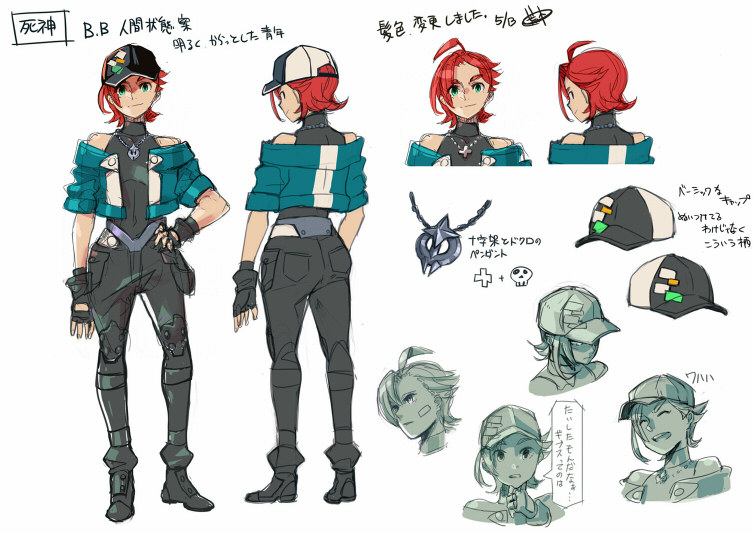 1boy, artist_request, azure_striker_gunvolt, azure_striker_gunvolt_3, b.b._(gunvolt), black_hat, black_pants, blue_jacket, concept_art, cropped_jacket, full_body, green_eyes, hat, jacket, male_focus, multiple_views, off-shoulder_jacket, off_shoulder, official_art, open_clothes, open_jacket, pants, red_hair, reference_sheet, short_hair, simple_background, white_background