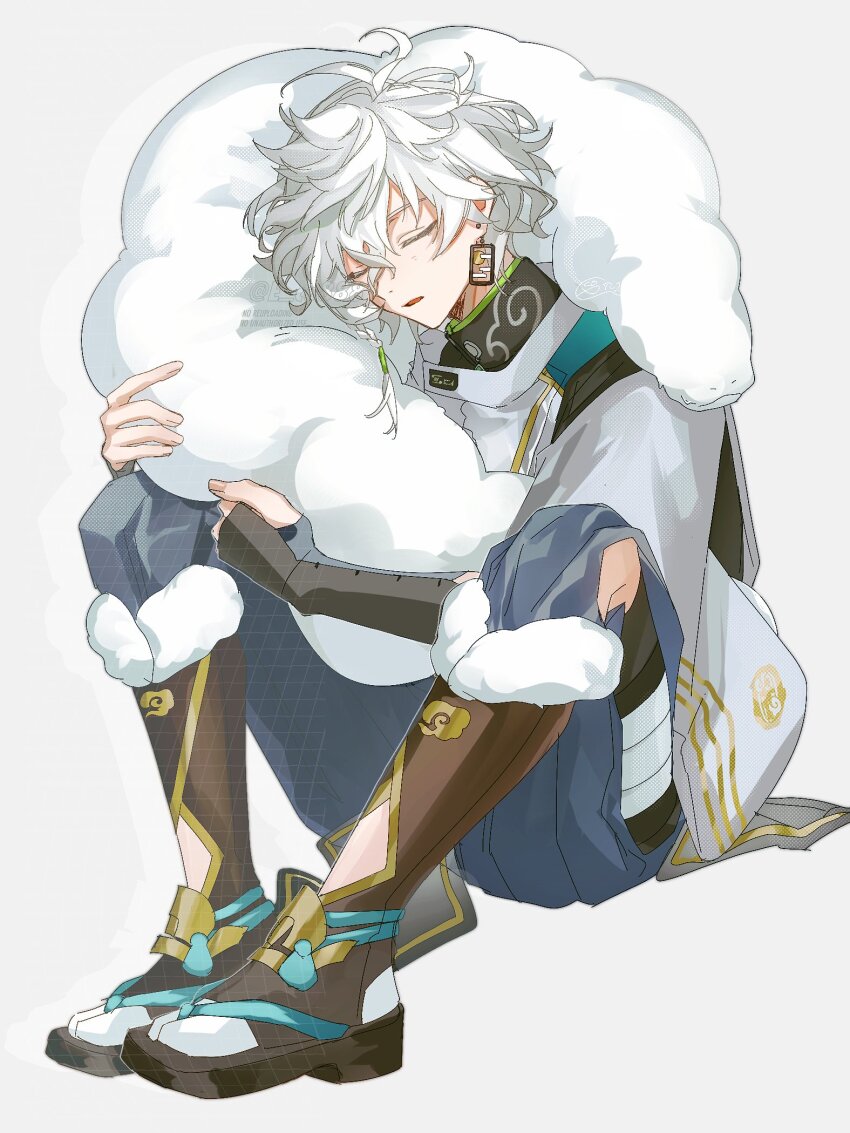 1boy, antenna_hair, armor, artist_name, bandaged_leg, bandages, black_sandals, black_shirt