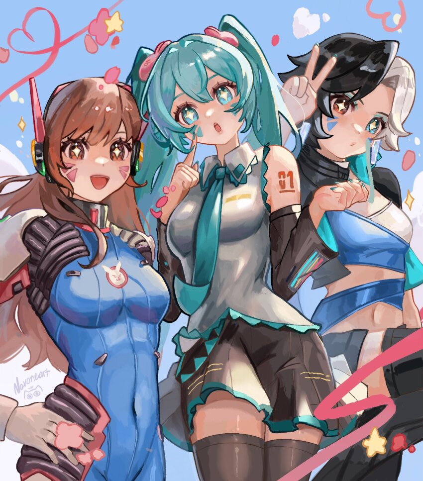 aqua_eyes, aqua_hair, aqua_nails, aqua_necktie, bodysuit, breasts, brown_eyes, brown_hair