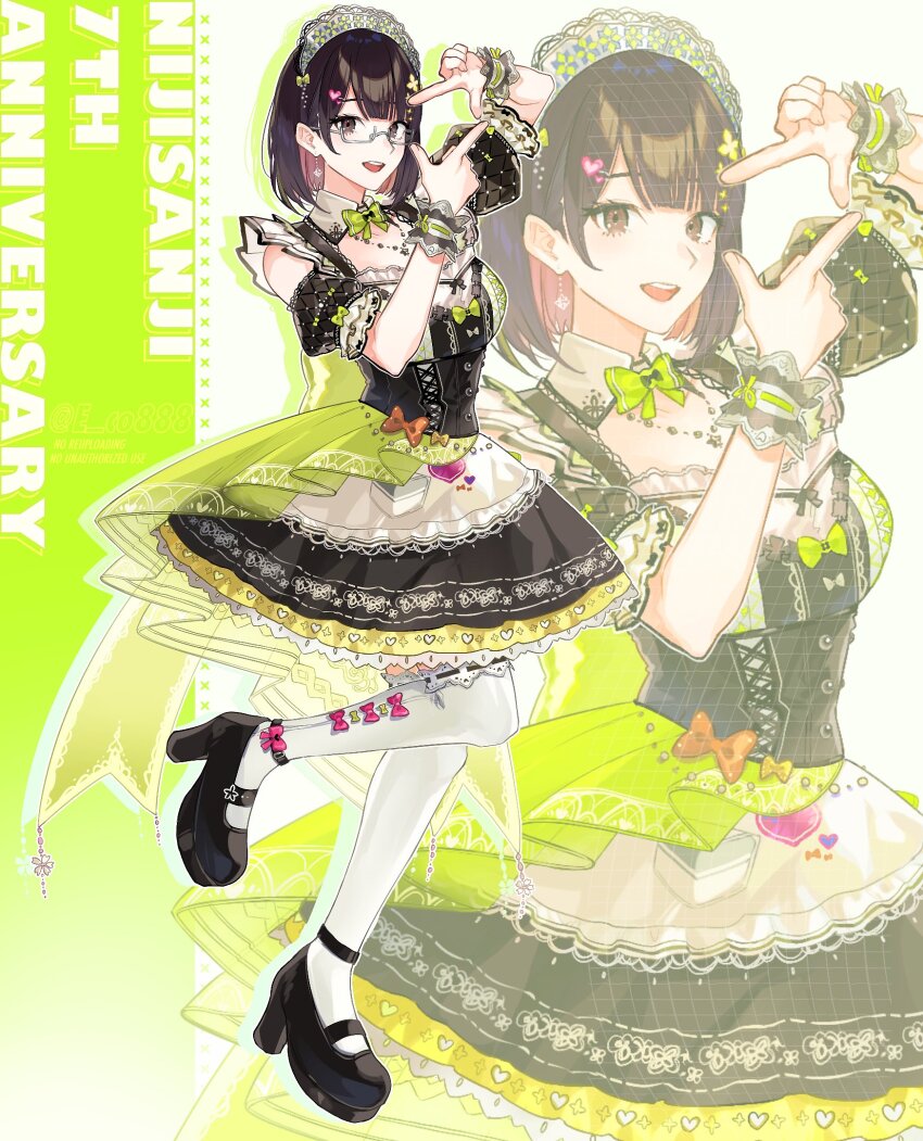 1girl, :d, anniversary, apron, artist_name, back_bow, black_dress, black_hair, black_shoes, blunt_bangs, blunt_ends, bob_cut, bow, bowtie, breasts, brown_eyes, cleavage_cutout, clothing_cutout, collared_dress, commentary_request, detached_sleeves, dress, drop_shadow, earrings, eyelashes, finger_frame, glasses, green_bow, green_bowtie, hair_bow, hair_ornament, hands_up, headdress, heart, heart_hair_ornament, highres, ikoma_koma, jewelry, lace, lace-trimmed_dress, lace_trim, leg_up, looking_at_viewer, mary_janes, medium_breasts, necklace, nijisanji, official_alternate_costume, open_mouth, orange_bow, parted_bangs, pink_bow, puffy_detached_sleeves, puffy_short_sleeves, puffy_sleeves, ribbon-trimmed_thighhighs, ribbon_trim, semi-rimless_eyewear, seto_miyako, seto_miyako_(4th_costume), shoes, short_hair, short_sleeves, sleeveless, sleeveless_dress, smile, solo, teeth, thighhighs, twitter_username, under-rim_eyewear, upper_teeth_only, virtual_youtuber, waist_apron, watermark, white_apron, white_background, white_thighhighs, wrist_cuffs, zoom_layer