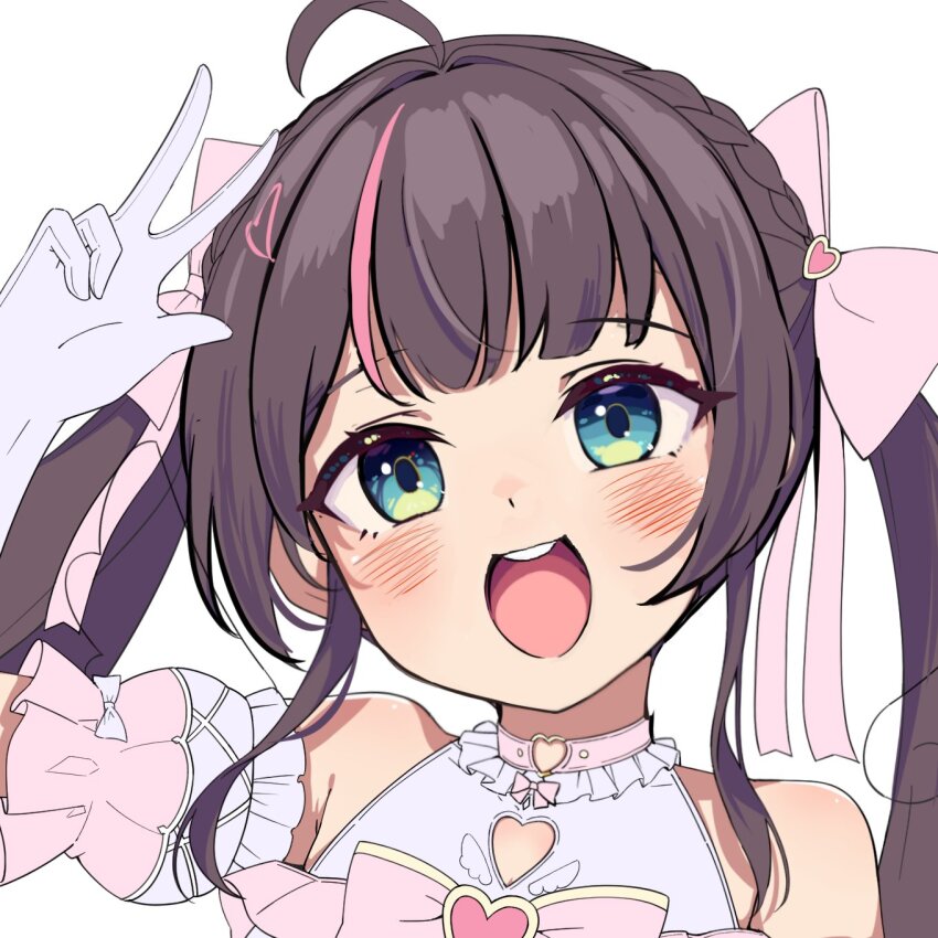 1girl, :d, ahoge, arm_up, bare_shoulders, blue_eyes, blush, bow