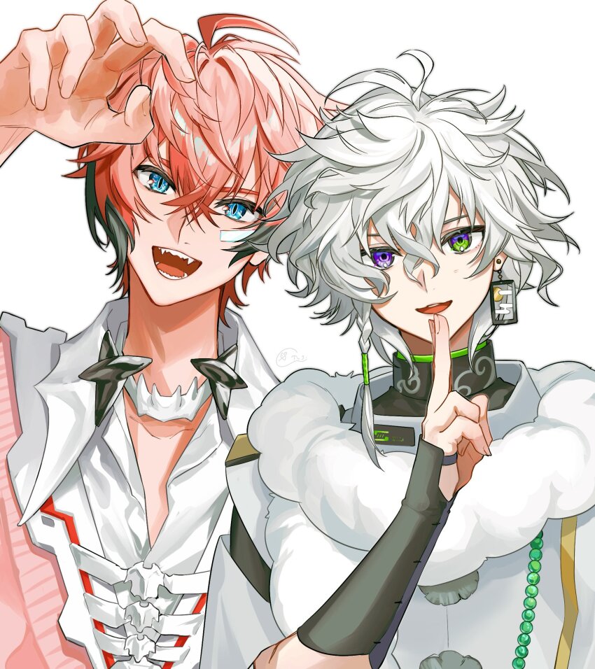 2boys, :d, ahoge, akagi_wen, akagi_wen_(1st_costume), antenna_hair, armor, bandaid