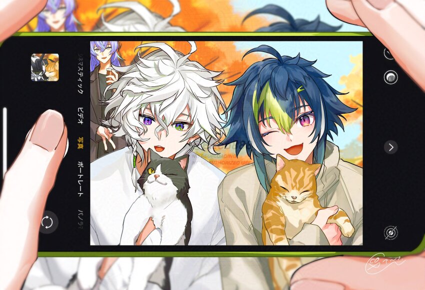 1other, 3boys, :d, ;d, ahoge, animal, antenna_hair, artist_name