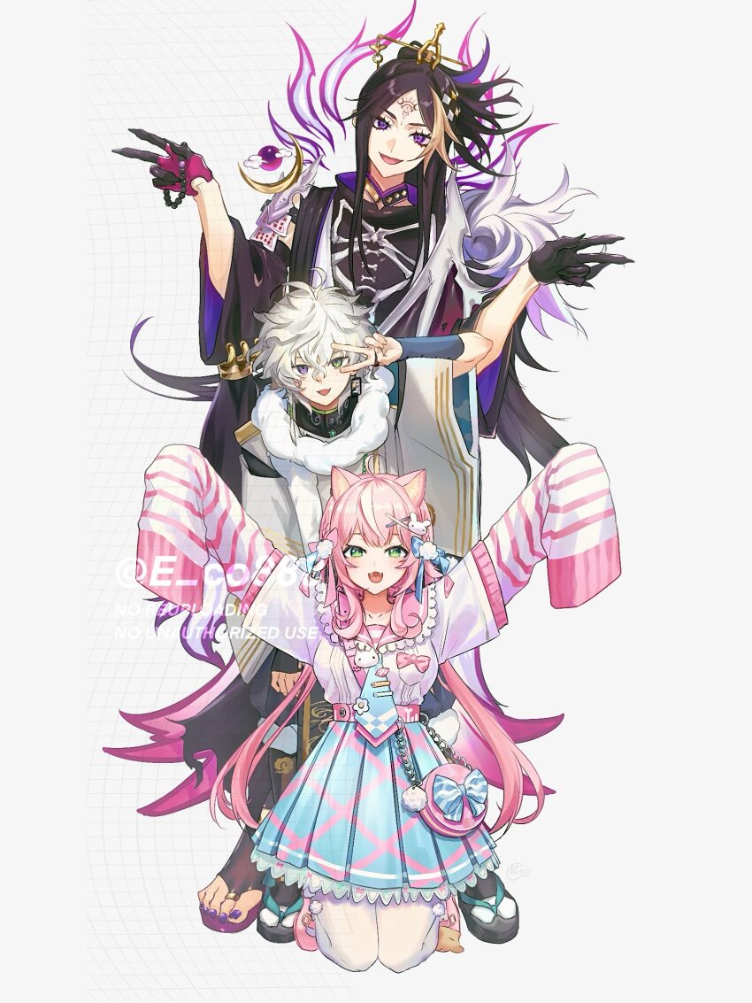 1girl, 2boys, :d, ahoge, animal_ear_fluff, animal_ears, antenna_hair, armor