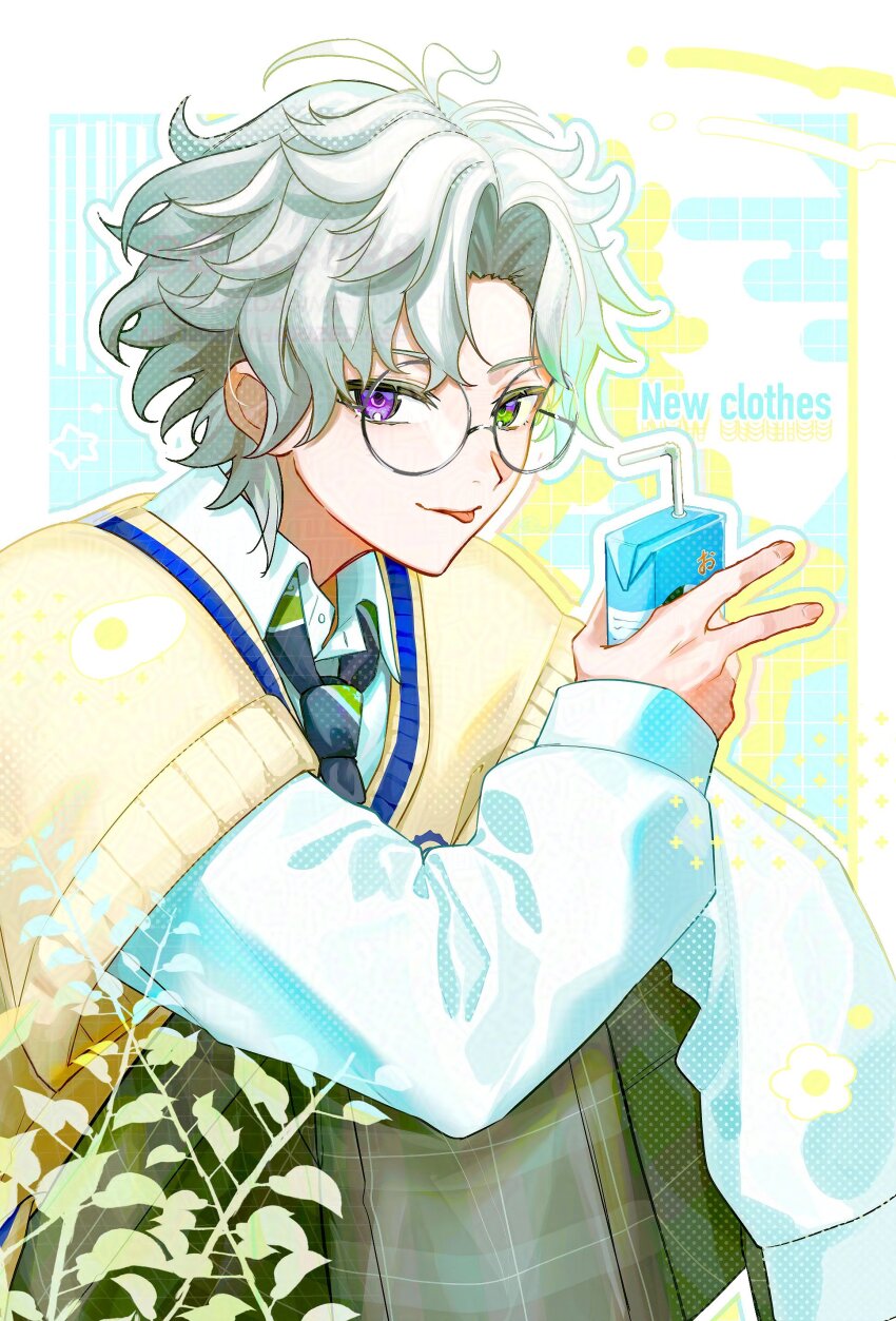 1boy, :p, absurdres, antenna_hair, black_necktie, blue_background, border, branch