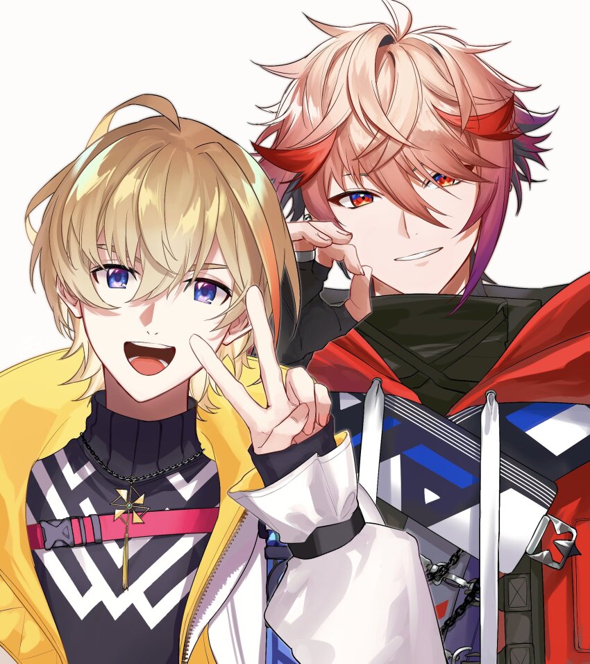 2boys, :d, ahoge, black_gloves, black_hair, black_shirt, blonde_hair, blue_eyes, chain, chest_harness, coat, commentary_request, drawstring, fingerless_gloves, fura_kanato, fura_kanato_(1st_costume), gloves, grin, hair_between_eyes, hand_up, harness, highres, hood, hood_down, hooded_coat, ikoma_koma, jewelry, long_sleeves, looking_at_viewer, male_focus, multicolored_hair, multiple_boys, necklace, nijisanji, open_clothes, open_coat, open_mouth, orange_hair, pink_hair, red_coat, red_eyes, red_hair, seraph_dazzlegarden, seraph_dazzlegarden_(1st_costume), shirt, short_hair, simple_background, sleeves_past_wrists, smile, streaked_hair, teeth, turtleneck, two-sided_coat, two-sided_fabric, upper_body, v, virtual_youtuber, white_background, white_coat