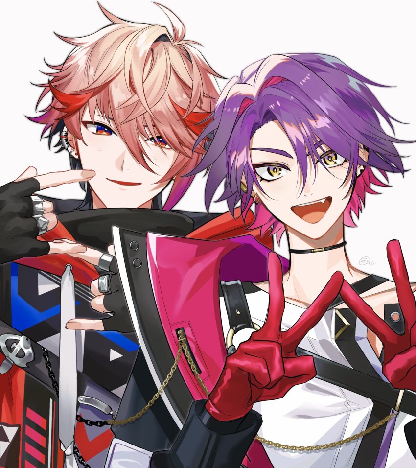 2boys, :d, ahoge, black_choker, black_gloves, black_hair, black_jacket, chain