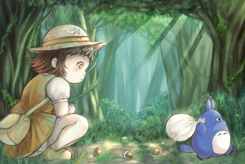 1girl, acorn, bag, chibi_totoro, child, cosplay, day, dress