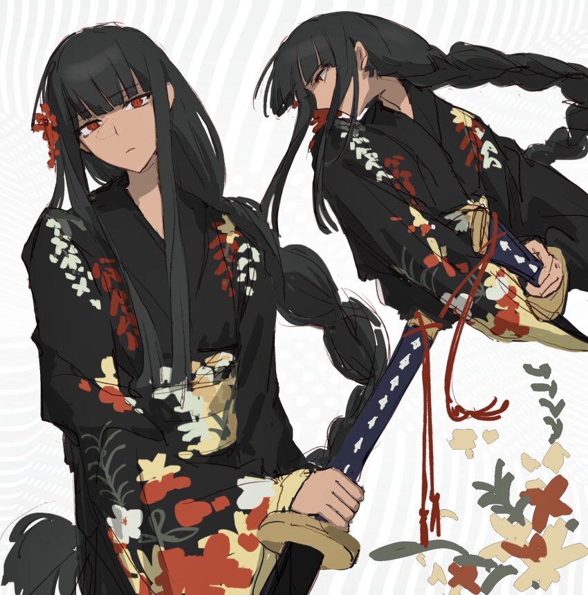 1girl, alternate_costume, black_hair, black_kimono, braid, floral_print, highres, holding, holding_sword, holding_weapon, japanese_clothes, katana, kimono, limbus_company, llllao216913, long_hair, long_sleeves, looking_at_viewer, multiple_views, project_moon, red_eyes, ryoshu_(project_moon), simple_background, solo, standing, sword, upper_body, weapon, white_background