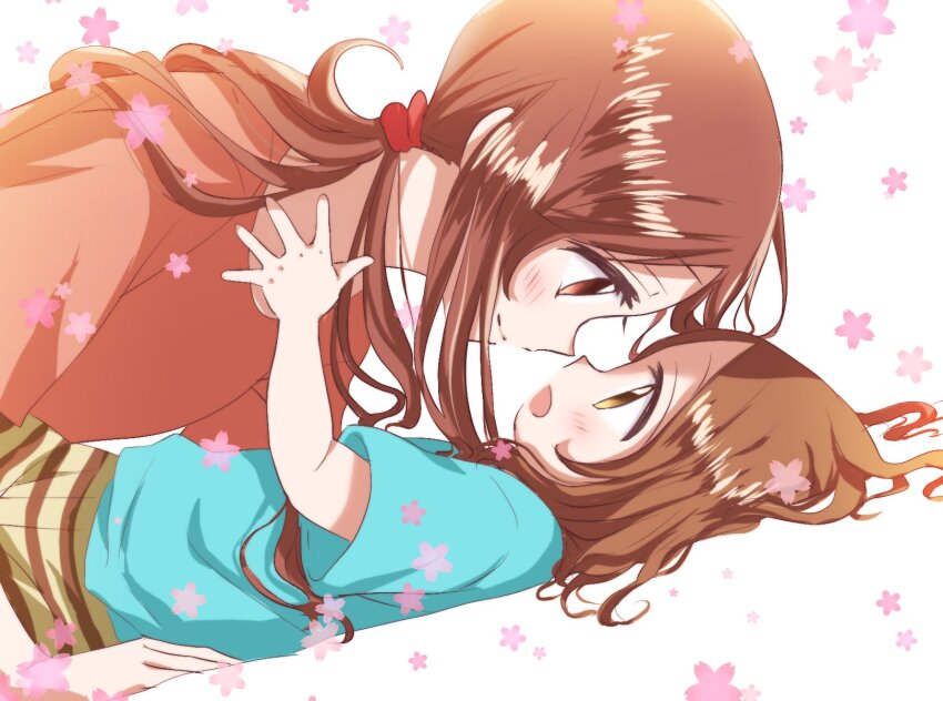 2girls, aqua_shirt, biwako_(biwa27), blush, brown_eyes, brown_hair, closed_mouth, commentary_request, eye_contact, from_side, highres, karakai_jouzu_no_(moto)_takagi-san, karakai_jouzu_no_takagi-san, long_hair, looking_at_another, lying, medium_hair, mother_and_child, mother_and_daughter, multiple_girls, nishikata_chii, on_back, open_mouth, parent_and_child, pink_shirt, profile, shirt, smile, takagi-san, white_background