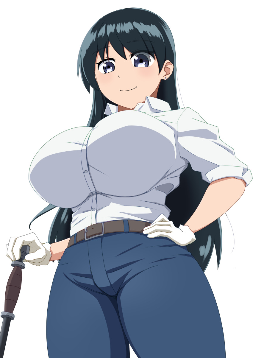 1girl, absurdres, arato_nagi, belt, black_hair, blue_pants, breasts, closed_mouth, collared_shirt, commentary_request, curvy, ear_piercing, earrings, gloves, grey_eyes, hand_on_own_hip, highres, jewelry, large_breasts, long_hair, looking_at_viewer, notogoro, pants, piercing, ruri_no_houseki, shirt, simple_background, sleeves_rolled_up, smile, solo, standing, stud_earrings, white_background, white_gloves, white_shirt