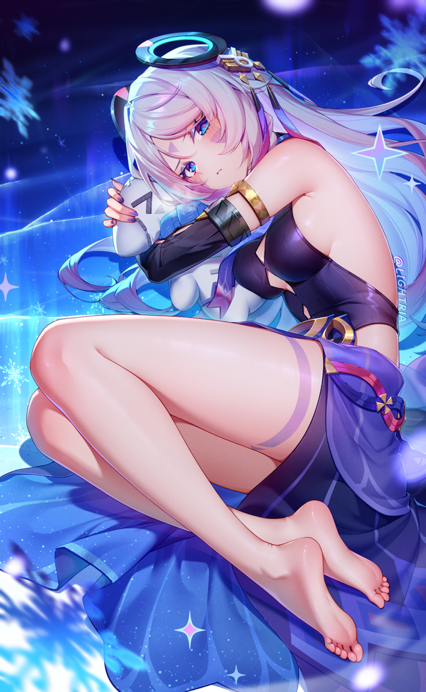 1girl, armlet, armpit_crease, backless_outfit, bare_legs, bare_shoulders, barefoot, black_leotard