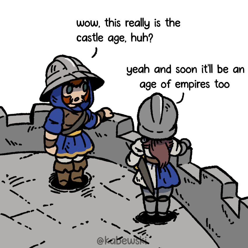 2girls, absurdres, age_of_empires_(series), age_of_empires_ii, armor, blue_coif, boots, brown_hair