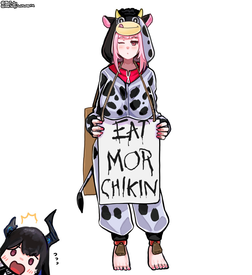 2girls, absurdres, animal_costume, animal_hood, barefoot, bell, black_hair, black_horns