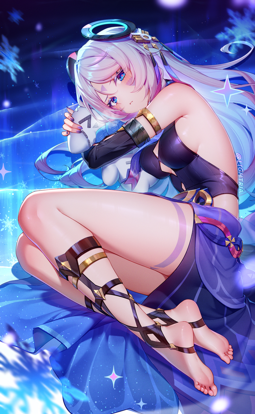 1girl, armlet, armpit_crease, backless_outfit, bare_legs, bare_shoulders, black_leotard, black_sandals, blue_eyes, blue_skirt, blush, breasts, chinese_commentary, citlali_(genshin_impact), citlalin_(genshin_impact), commentary_request, facial_mark, feet, genshin_impact, gladiator_sandals, highres, holding, holding_stuffed_toy, jewelry, legs, leotard, lightria, medium_breasts, nail_polish, pink_hair, purple_nails, ring_hair_ornament, sandals, skirt, solo, stuffed_toy, thighs, toeless_legwear, toes
