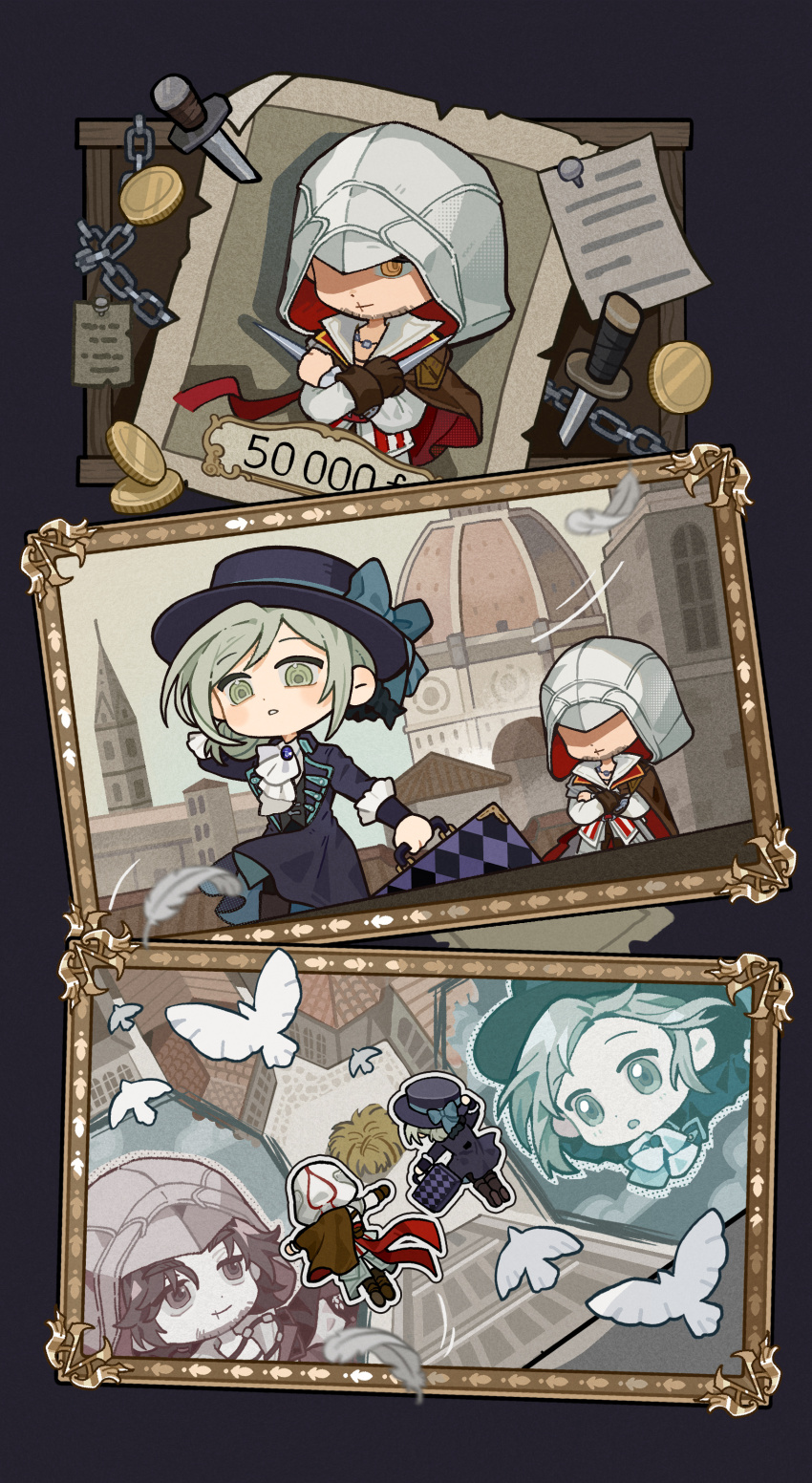 1boy, 1girl, absurdres, ascot, assassin's_creed_(series), assassin's_creed_ii, bird, black_background