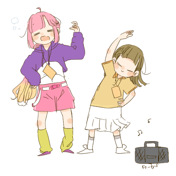 2girls, =_=, anyoji_hime, anyoji_hime_(summer_training_wear), arm_up, beamed_eighth_notes, blonde_hair, boombox